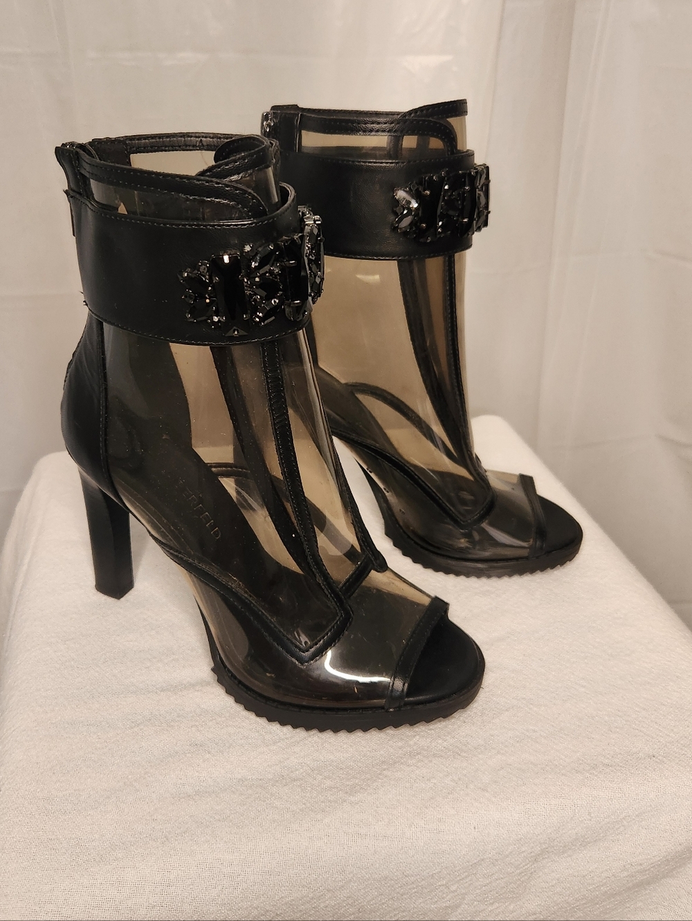 Black Clear Panel Heeled Booties w/ Embellished Strap ✨